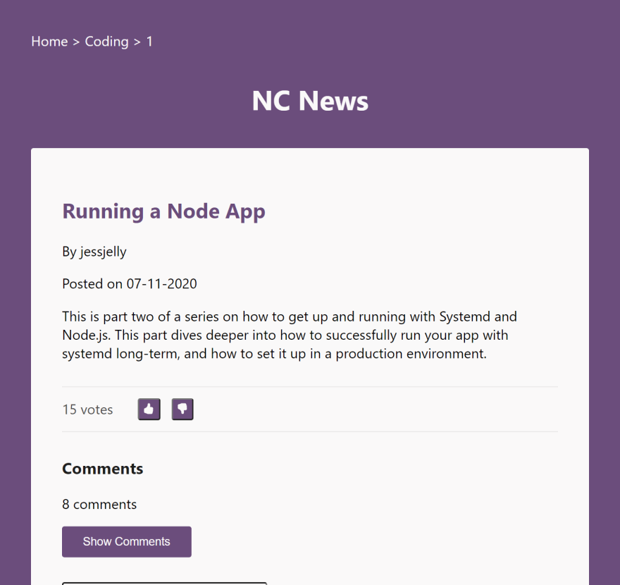 A screenshot from my Northcoders Frontend project.